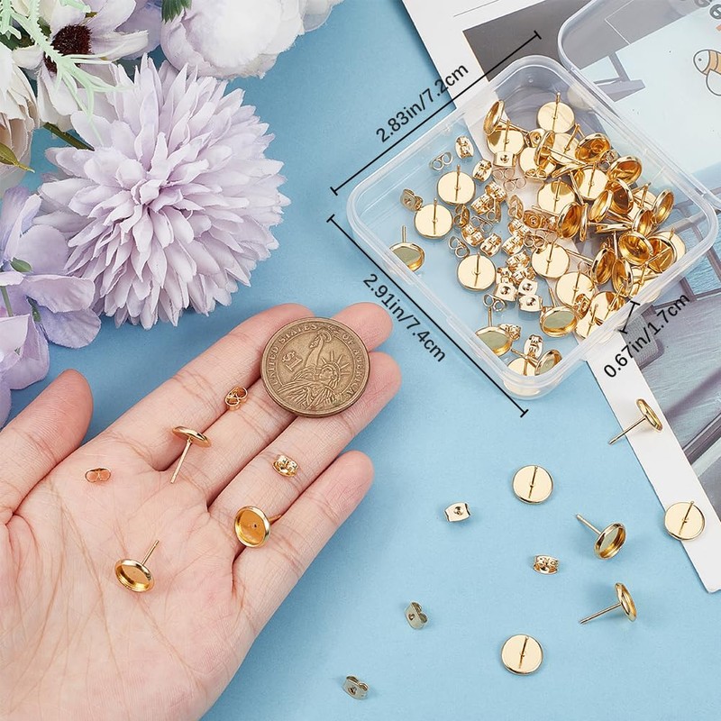 Beebeecraft 1 Box 50Pcs Post Stud Earring Findings 18K Gold