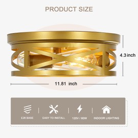 Jodauirt Gold Flush Mount Ceiling Light Fixture,3-Lights Hallway Ceiling Lighting, Farmhouse Ceiling Mount Lights for Kitchen Entryway Bathroom-2 Pack