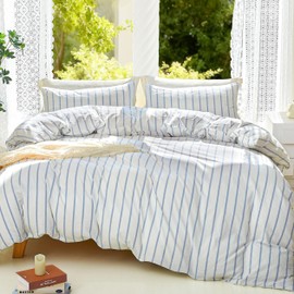 DONEUS Striped Duvet Cover Set 100% Washed Cotton Linen Like Super Soft Breathable Comfy 3 Pieces Bedding Set with Zipper Closure (White Cornflower Blue Wide Stripes, Queen 90"x90")