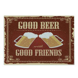 Lunarable Vintage Cutting Board, Beer with Friends Lettering and 2 Big Glasses in a Frame Buddies Image, Decorative Tempered Glass Cutting and Serving Board, Large Size, Dark Orange