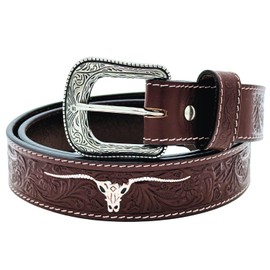 ZEEKSTAR Western Leather Belt Tooled with Engraved Buckle – Cowboy & Cowgirl Rodeo Style (Brown Long Horn, 36)