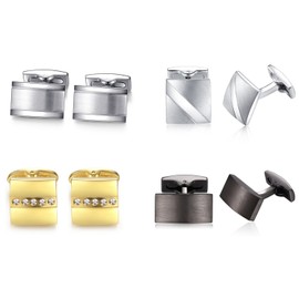 4 pairs Honey Bear Cufflinks For Mens - Rectangle Stainless Steel for Business Wedding Gift,Silver, Black,Gold (without box)