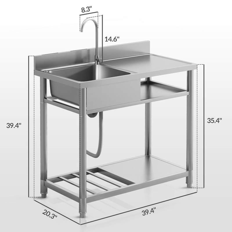 Outdoor Utility Sink 39 Inch, Deep Stainless Steel Sink, Free