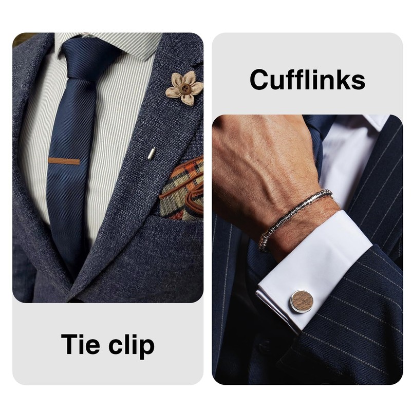 Wislist Walnut Cufflinks and Tie Clip Set with Wood Gift