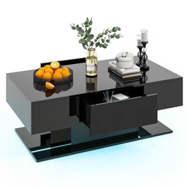 Tangkula LED Coffee Table with 2 Drawers, High Glossy Modern Center Table, 20-Color Dimmable LED Lights & Remote Control, 2-Tier Rectangle Coffee Table for Living Room (with Drawer, Black)