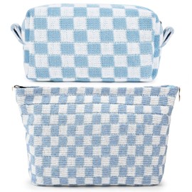 H HOME-MART 2 Pieces Checkered Makeup Bag Large Cosmetic Bag Capacity Canvas Mix Travel Toiletry Bag Organizer for Purse Portable Zipper Make Up Pouch Small Cosmetic Case