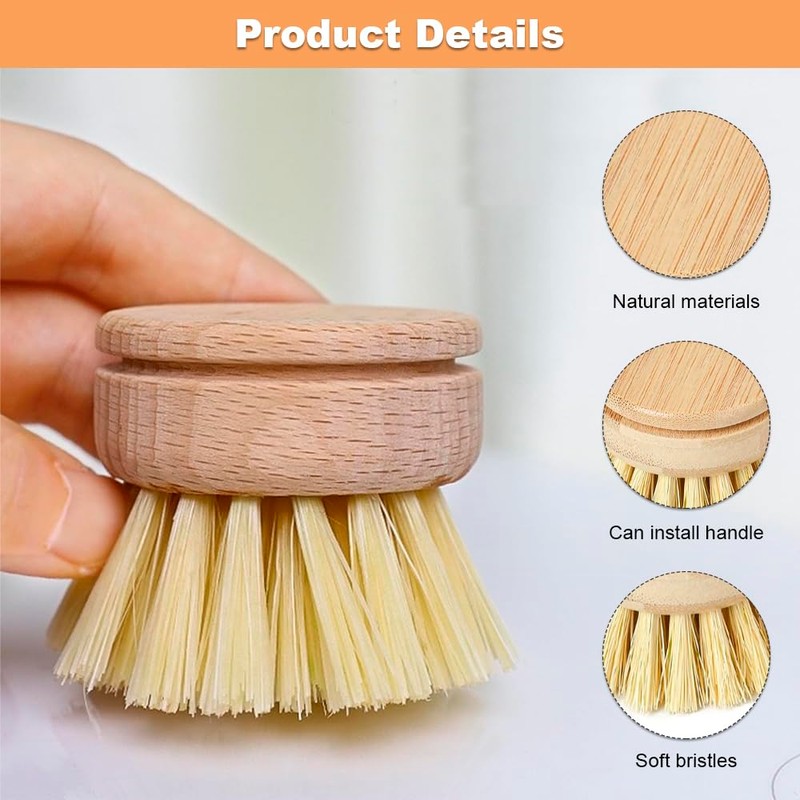 Wooden Washing Up Brush, 4Pcs Replacement Brush Heads for Eco