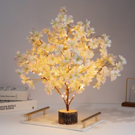 Gudegou Lighted Cherry Blossom Tree Artificial, 19Inch Faux Bonsai Tree Japanese Decor, Battery Operated Floral Desktop Tree for Indoor Home Spring Summer Easter,Pink