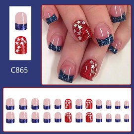 24Pcs 4th of July Press on Nails Short Square French Tip Fake Nails Blue Glitter Full Cover Nail Tips Pink Acrylic False Nails Independence Day Nails Press ons for Women Girls