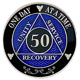 Simply Minimal 50 Year AA Silver Color Plated-Medallion, Alcoholics Anonymous Chip, AA Coin (AA Blue 50 Year Coin)