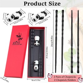 Liekadijiae 2 Pairs of Fibreglass Dishwasher Safe Chopsticks, Reusable Non-Slip Chopsticks, Chopsticks with 2 Chinese Panda Ceramic Chopsticks Holder (with Gift Box)