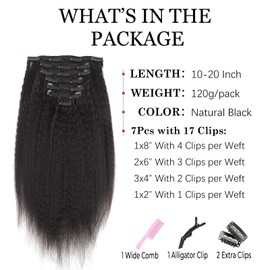 Yuniffe Kinky Straight Clip in Hair Extensions Real Human Hair 7Pcs 120g Kinky Straight Clip ins full Head Remy Hair Extensions for Women Natural Black Double Weft Extensions 16 Inch