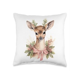 Reindeer Retro Vintage Pink Christmas Baby Deer Cottagecore Throw Pillow