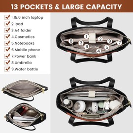 LOVEVOOK Laptop Bag for Women 17 inch,Diamond Quilted Work Tote Bags Womens Laptop Computer Shoulder Bags,Stylish Travel Tote Bags Laptop Purse Briefcase Handbag with Clutch Purse,Brown-Black-White