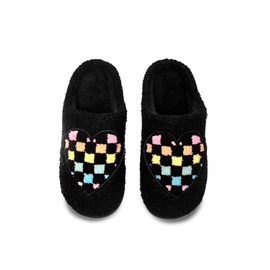 Living Royal Plush Slippers | Novelty Slippers, Cozy, Non-Slip Rubber Sole, Soft Slippers, 100% Polyester, Silly, Funny Designs, Comfortable, Fuzzy Slippers (Black Checker Heart Slipper Small/Medium)