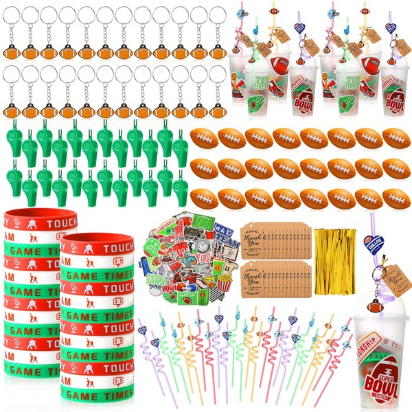 268 Pcs Basketball Football Soccer Birthday Gifts for 24 People Party Favors Sets Goody Cups with Straws Key Chains Whistles Silicone Wristbands Stickers Thank You Tags for Party Supplies (Football)