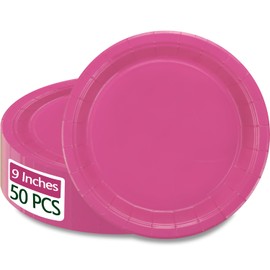 PTECDROTS 50Pcs Hot Pink Paper Plates - 9” Cerise Round Disposable Dinner Plate for Holidays Picnic Celebrations Pink Birthday Party Supplies