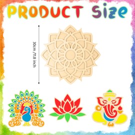 Bucherry 4 Pcs 12 Inch Diwali Floral Rangoli Mat Wooden DIY Rangoli Template Mandala Lotus Elephant Peacock Stencils Boards Indian Diwali Decorations for Home Traditional Festival Decor