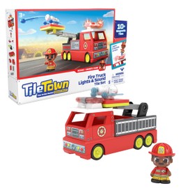 TILE TOWN Firetruck Magnetic Tiles Building Vehicle Playset With Lights & Sounds + Figure, Kids 3-5+, New ACTION TILES for Action Play, Realistic Builds, STEM Creative Toy, Great Gift for Boys & Girls