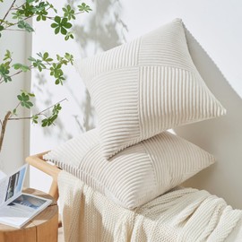 Topfinel Cushion Cover, 40 x 40 cm, Cream Corduroy, Set of 2, Windmill Striped Pattern, Sofa Cushion, Decorative Cushion, Couch Cushion, Patchwork Design, Living Room, Office, Hotel