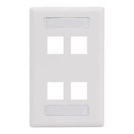 ICC Station ID Wall Plate with 4 Ports, Single Gang, UL Listed, ABS Plastic, Keystone Jack Compatible, Label Window with Clear Cover, White