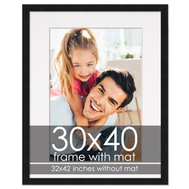 30x40 Frame Black with White Mat - Black 32x42 Frame Wood Made to Display Print or Poster Sized 30 x 40 Inches with White Picture Mat