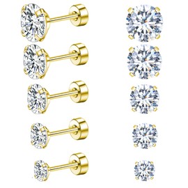 KWUNCCI Titanium Earrings for Sensitive Ears, Flat Back Stud Earrings for Women Men, CZ Silver Gold Black Screw Back Stud Earrings, Hypoallergenic Surgical Steel Cartilage Earrings Set, Stainless