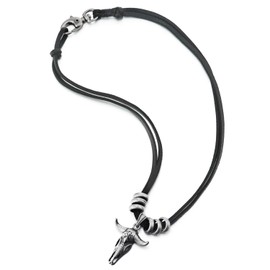 Vintage Bull Head Circles Charm Pendant Necklace for Men, Adjustable Leather Cord