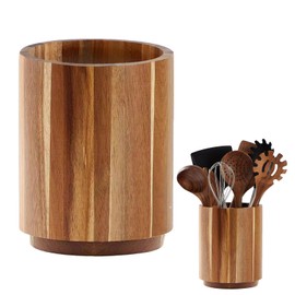 YRYUNRUI Kitchen Utensil Holder, Wooden Kitchen Organizer, 360°Rotating Cooking Utensils Caddy, Cylindrical Countertop Organizer for Farmhouse Decor (15x12cm)