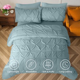 Sasttie Queen Comforter Set, 7-Piece Bed in a Bag, Pintuck Bedding Sets for All Season, Includes Comforter, Flat Sheet, Fitted Sheet, Pillowcases and Pillowshams, Greylish Blue