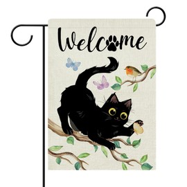Stosts Welcome Spring Summer Black Cat Decorative Garden Flag, Branches Bird Butterfly Yard Outside Home Decor Pet Lover Gift, Paw Prints Seasonal Burlap Outdoor Small Decoration Double Sided 12 x 18