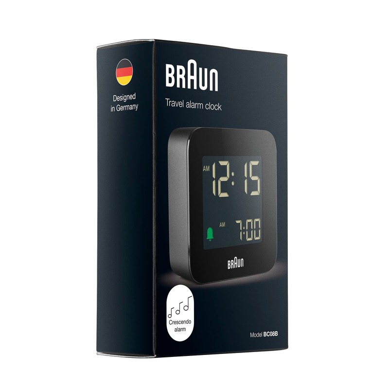 Braun Digital Travel Alarm Clock with Snooze, Compact Size, Negative