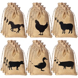 Vincreem 18 Pack Farm Party Favor Bags Animal Burlap Bags with Drawstring Farm Goodie Bags for Birthday Baby Shower Party Supplies Decorations, 6 Designs