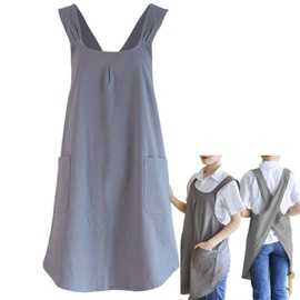 Cotton Linen Cross Back Apron for Women Japanese Cute Kitchen Cooking Aprons Solid Color with Pockets Gardening Painting Gray