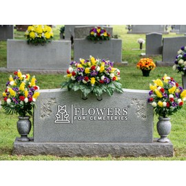 Sympathy Silks Artificial Cemetery Flowers – Realistic Vibrant Wildflowers Outdoor Grave Decorations - Non-Bleed Colors- 2 Red Yellow Wildflower Bouquets, & 1 Matching Saddle