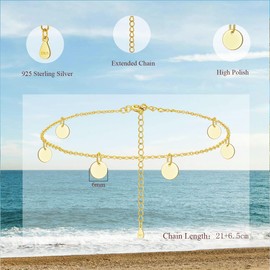 Josfeva Silver Anklets for Women, 925 Sterling Silver Women's Anklets Gold, Adjustable Summer Beach Barefoot Holiday Ladies Ankle Bracelet, Classic Fashion Waterproof Round Disc Anklet Chain
