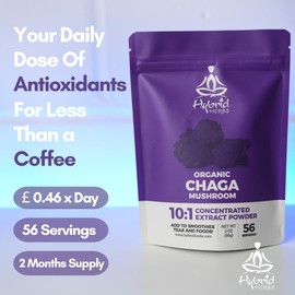 HYBRID HERBS – Organic Wild Chaga Mushroom Powder 10X Strength - Supplement for Energy, Skin & Brain Support Rich in Antioxidants & Beta Glucans | HIGH Potency 10:1 Extract - 56 Serving (56g)