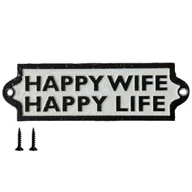 Happy Wife Happy Life Sign With Fixing Screws Cast Iron Wall Plaque Humorous Traditional Black and White 18 cm x 6 cm Rustic Style Man Cave Bar Office