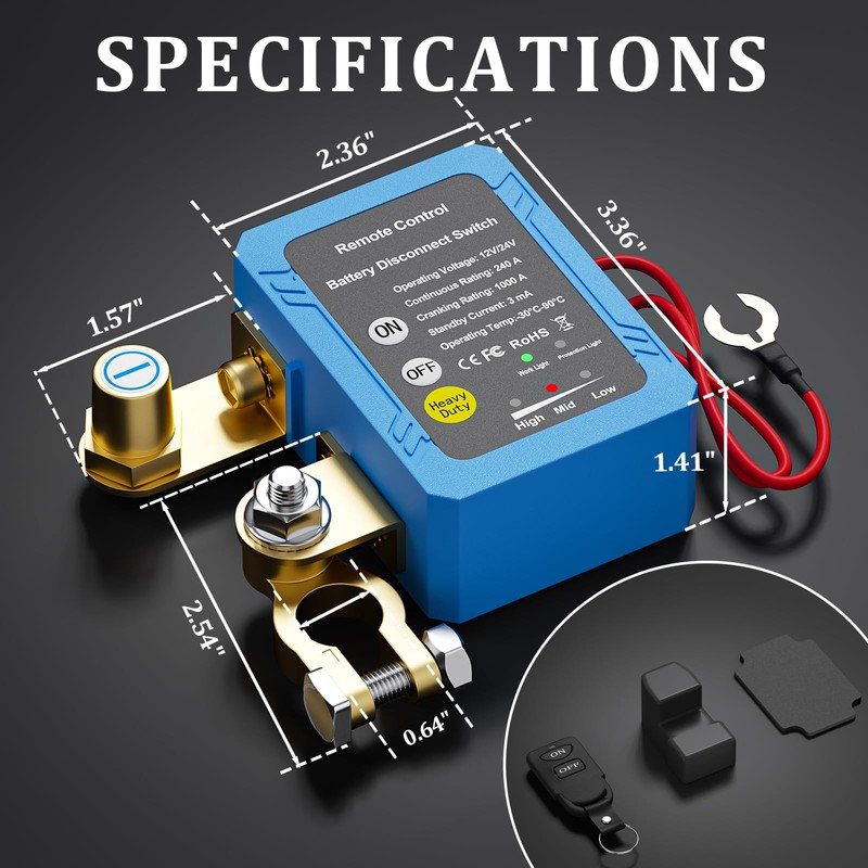 Remote Battery Disconnect Switch 12V, 240A, Kill Switch for Car