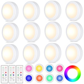 Yiliaw 12 Pack LED Puck Lights Remote Control 16 Color Changeable Under Cabinet Lights, Battery Operated Lights Night Light with Dimmer & Timmer for Closet Bedroom Kitchen, White