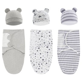 3 Pack Baby Swaddle with Hat, Soft Cotton Swaddle Blankets Sticky Swaddle Wrap Baby Sleep Sack, Adjustable Newborn Swaddle for 0-3 Months Baby (Boy)