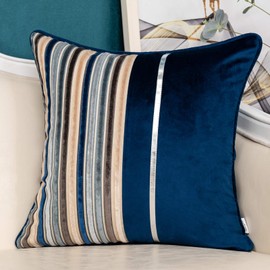 Yangest Navy Blue Striped Patchwork Throw Pillow Cover Silver Leather Cushion Cover Zippered Pillowcase for Sofa Couch Bedroom Living Room Home Decoration,18x18 Inch