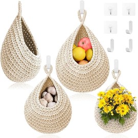 Hanging Fruit Baskets for Kitchen - 3 Pack Boho Wall Hanging Basket with 6 Pcs Strong Hooks, Handwoven Onion Storage Teardrop Home Onion Basket for Fruits Vegetable Potato Kitchen Storage (White)