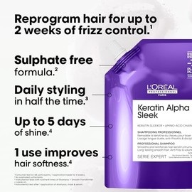 L'Oréal Professionnel Keratin Alpha Sleek Anti-frizz Shampoo, 2 week frizz control & smoothing*, volume control, hydration, instant smoothness & shine for frizzy hair, 500ml Refill