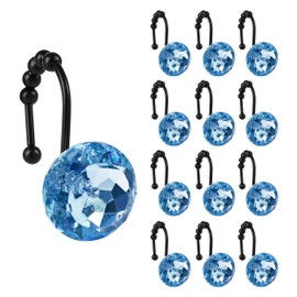 Sunlit Luxury Design Round Blue Diamond Crystal Gem Bling with Glide Balls Shower Curtain Hooks, Rust Proof Metal Rhinestones Glam Shower Curtain Rings with Black Hooks, Set of 12