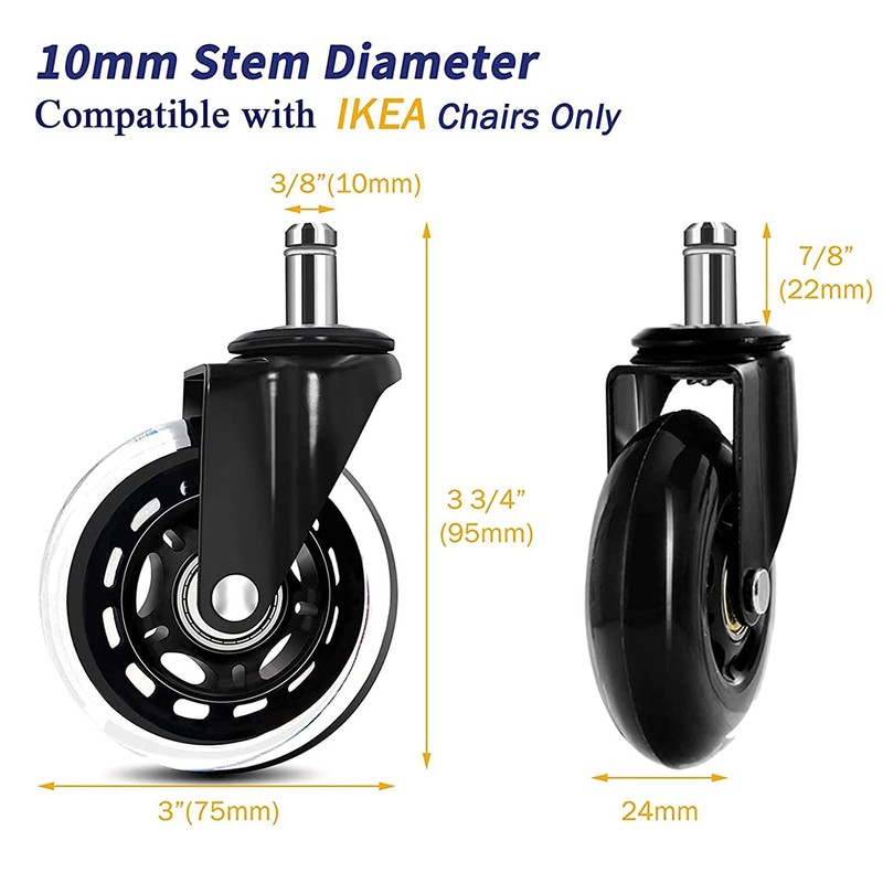 Office Chair Wheels 10mm Stem, Compatible with IKEA Chairs, Soontrans
