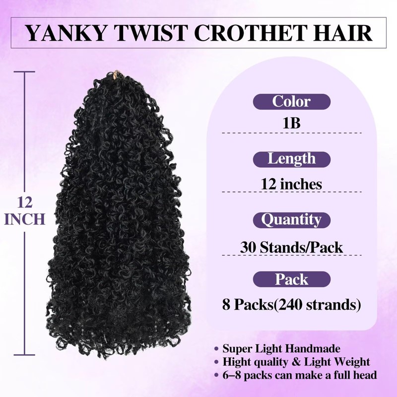 Yanky Twist Crochet Hair 12 Inch 8 Packs 30 Stands/Pcs,Pre-looped