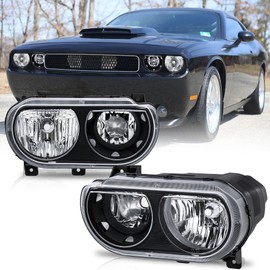 KUIPERAUTO Headlights Assembly Compatible for 2008-2014 Dodge Challenger R/T Halogen Headlamps Black Housing Clear Reflector Driver and Passenger Side CH2502219 CH2503219