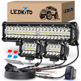LEDKITO 12Inch LED Light Bar and 2PCS 4Inch LED Cube Pod Lights Off Road Driving Light with Rocker Switch 3Lead Wiring Harness Kit Spot Flood Combo Triple Row Light Bars for SUV UTV ATV Truck Tractor