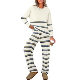 Caracilia Women's 2 Piece Outfits Sweater Sets Striped Oversized Sweaters Knit Wide Leg Pant Lounge Set 2025 Fall Outfits Medium